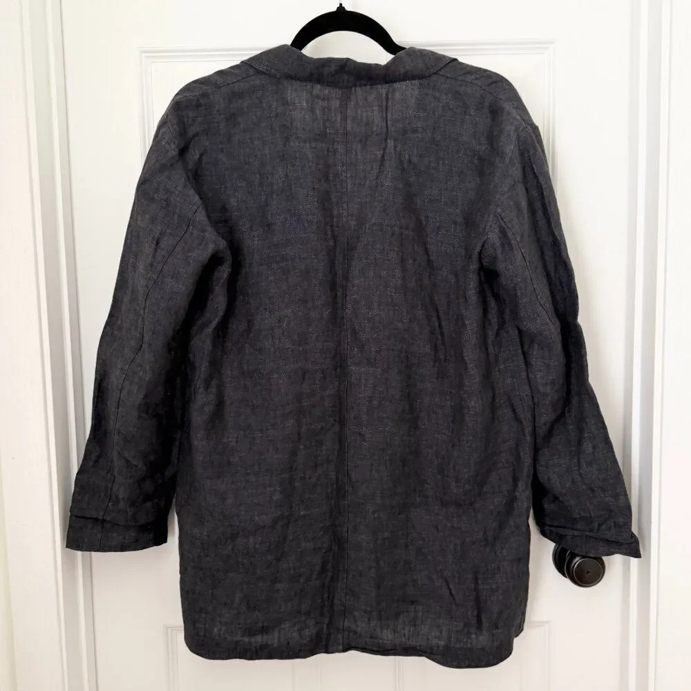 Women Eileen Fisher Linen Denim Two Button Lightweight Blazer Black Extra Small